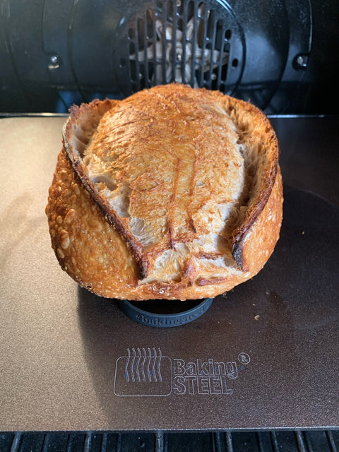 Sourdough bread on a baking steel.