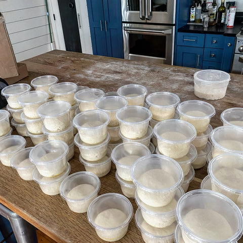Pizza dough in bulk, dozens of 250g dough balls proofing in 2-cup deli containers ready for a pizza party