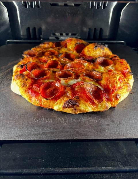 Pepperoni Pizza on a Baking Steel inside the oven