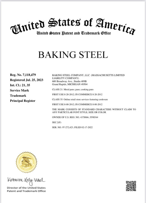 Official USPTO trademark certificate for BAKING STEEL, Registration Number 7118479, registered July 25, 2023, owned by Baking Steel Company LLC