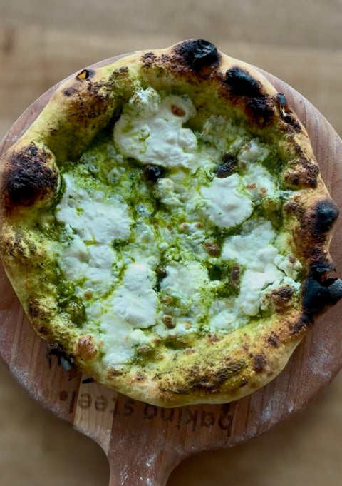 Pesto Pizza with Ricotta and Fresh Mozzarella (Baked on Steel)