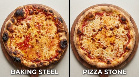 Side-by-side comparison of pizza baked on Baking Steel vs pizza stone